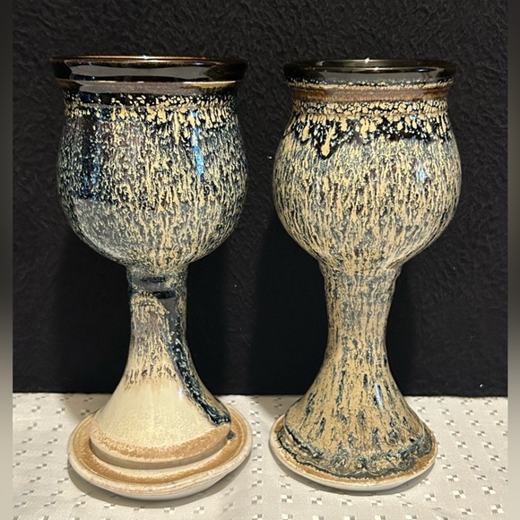 2 Hand Thrown Stoneware Studio Pottery Pedestal Chalice Cup Goblet Blue Brown - Picture 2 of 9